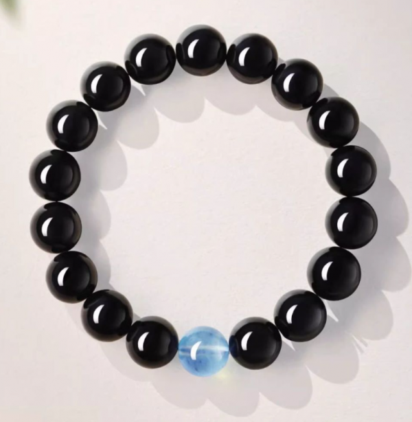 Natural Obsidian Bead Bracelet with Aquamarine Amulet for Women Crystal Bracelet