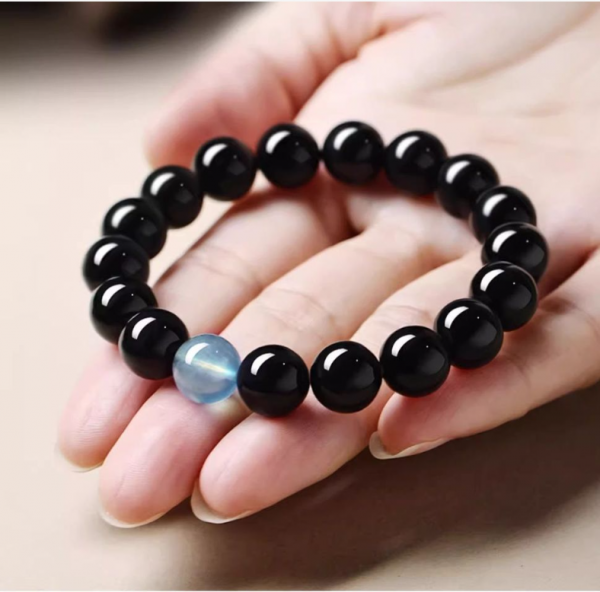 Natural Obsidian Bead Bracelet with Aquamarine Amulet for Women Crystal Bracelet - Image 2