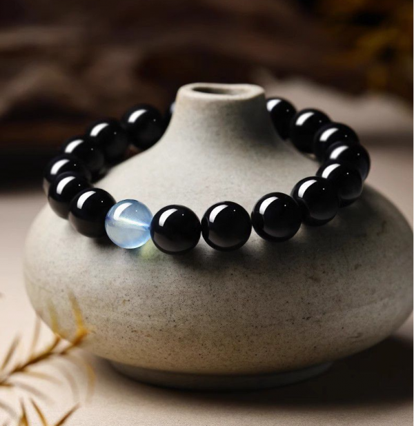 Natural Obsidian Bead Bracelet with Aquamarine Amulet for Women Crystal Bracelet - Image 5